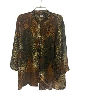 CITY GIRL Nancy Bolen Leopard Print Sheer Silk Button Up Blouse Top XL